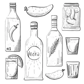Set of bottles, snacks to vodka. Glasses of vodka. Stock Illustration