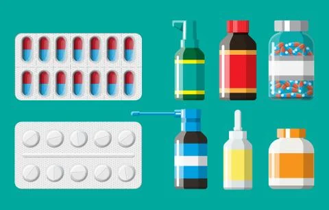 Set of bottles, tablets, pills, capsules and spray Stock Illustration