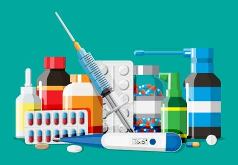 Set of bottles, tablets, pills, capsules and spray イラスト素材