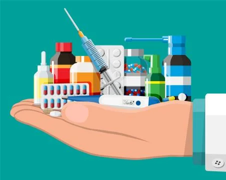 Set of bottles, tablets, pills, capsules and spray Stock Illustration