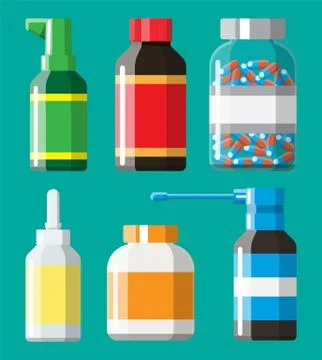 Set of bottles, tablets, pills, capsules and spray Stock Illustration