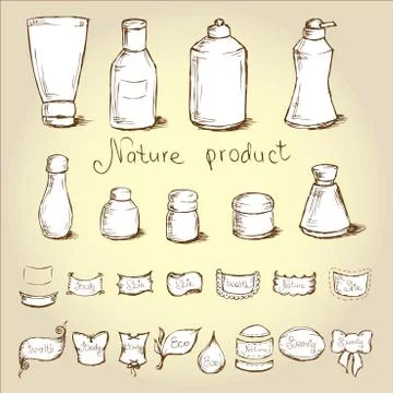 Set bottles, tubes and  them label . Vector illustration. Stock Illustration