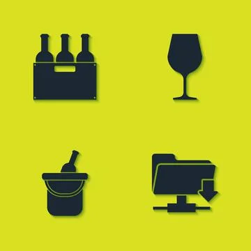 Set Bottles of wine in box, FTP folder download, bucket and Wine glass icon Stock-Illustration