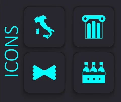 Set Bottles of wine, Map Italy, Ancient column and Macaroni icon. Black square Stock Illustration