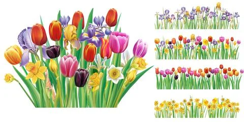 Set of bouquet and banners with spring flowers Stock Illustration