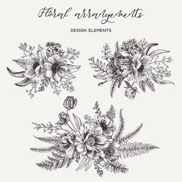 Set with bouquets of flowers. Illustrazione stock