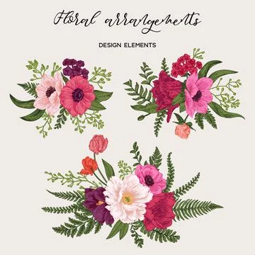 Set with bouquets of flowers. Illustrazione stock