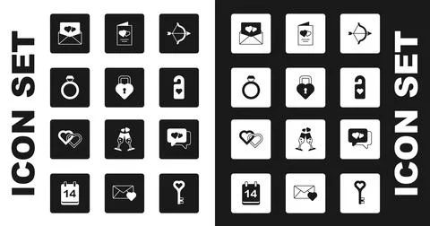 Set Bow and arrow, Castle in the shape of heart, Wedding rings, Envelope with Stock Illustration