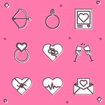 Set Bow and arrow, Diamond engagement ring, Photo frames hearts, Wedding ri.. Stock Illustration