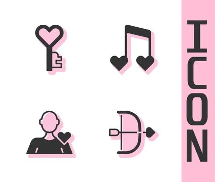 Set Bow and arrow Key in heart shape Romantic man and Music note tone with he Stock Illustration