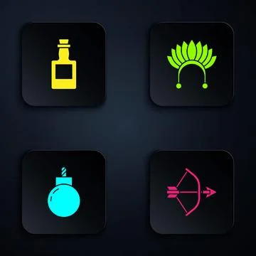 Set Bow and arrow in quiver, Tequila bottle, Bomb ready to explode and Indian Ilustración de archivo
