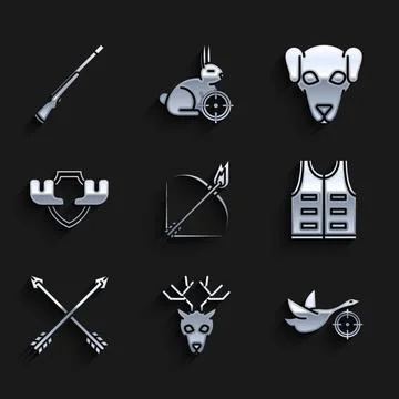 Set Bow and fire arrow, Deer head with antlers, Hunt on duck crosshairs, Hu.. 스톡 일러스트