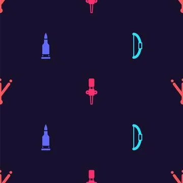 Set Bow, Bullet, Torch flame and Bird footprint on seamless pattern. Vector Stock Illustration