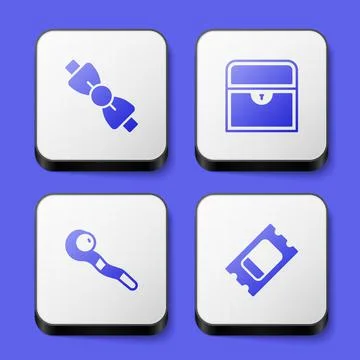 Set Bow tie, Antique treasure chest, Magic staff and Circus ticket icon. White Illustrazione stock