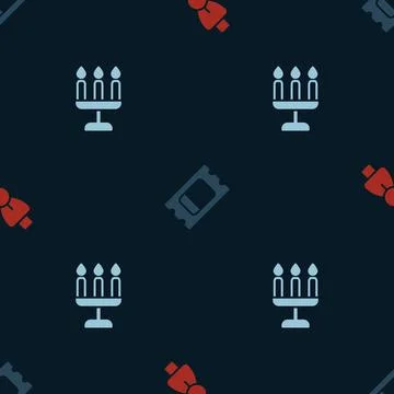 Set Bow tie, Circus ticket and Candlestick on seamless pattern. Vector Illustrazione stock