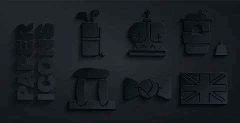 Set Bow tie, Coffee cup to go, Stonehenge, Flag Great Britain, British crown  Ilustración de archivo