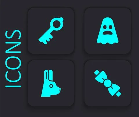 Set Bow tie, Old magic key, Ghost and Rabbit with ears icon. Black square button Stock Illustration