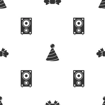 Set Bow tie, Party hat and Stereo speaker on seamless pattern. Vector Stock Illustration