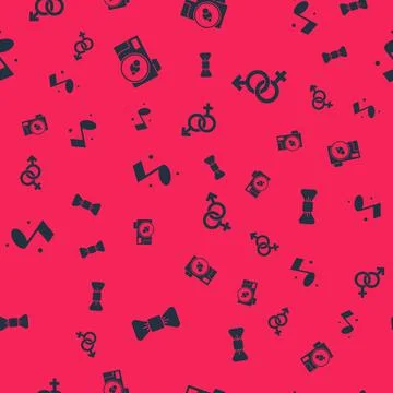 Set Bow tie, Photo camera, Music note and Gender on seamless pattern. Vector Stock Illustration