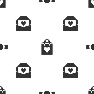 Set Bow tie, Shopping bag with heart and Envelope Valentine on seamless pattern Stock Illustration