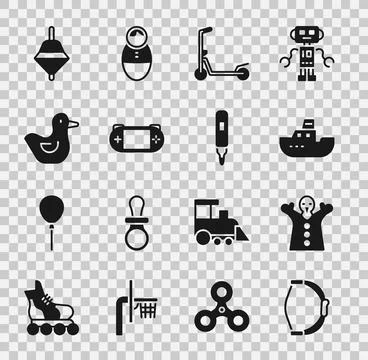 Set Bow toy, Toy puppet doll on hand, boat, Scooter, Portable video game cons Stock Illustration