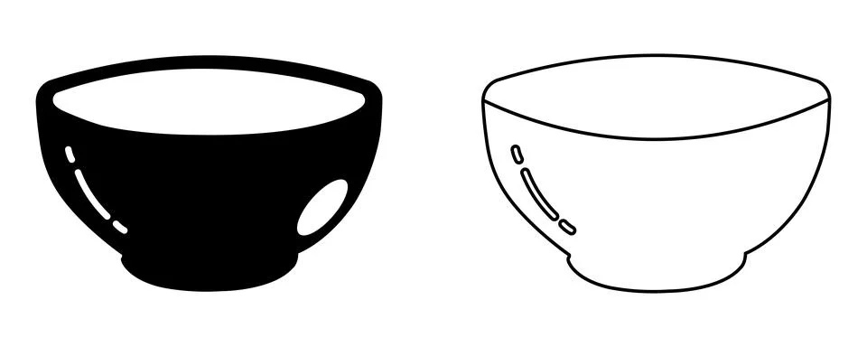 Set of bowl icons in solid black and outline style for kitchen design Stock Illustration