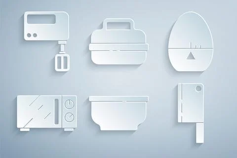Set Bowl, Kitchen timer, Microwave oven, Meat chopper, Cooking pot and Electric Stock Illustration
