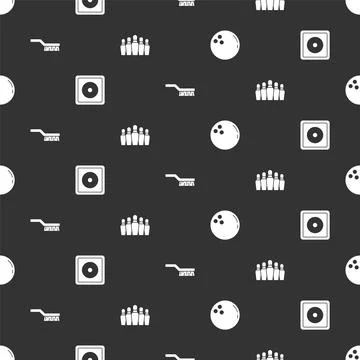 Set Bowling ball, Billiard chalk, Pool table brush and pin on seamless pattern Illustrazione stock