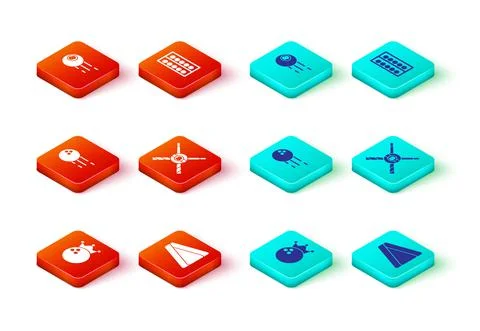 Set Bowling ball, Billiard triangle, Crossed billiard cues and, balls on stand Illustrazione stock