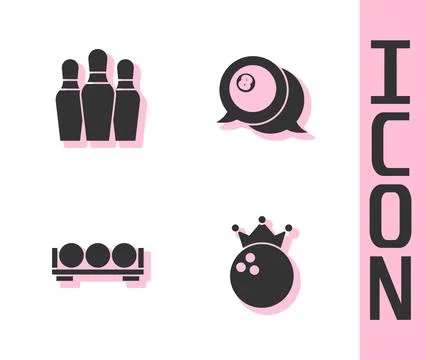 Set Bowling ball, pin, Billiard balls on stand and  icon. Vector Stock Illustration