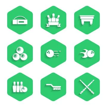 Set Bowling ball, Pool table brush, Crossed billiard cues, pin and, Billiard Stock Illustration