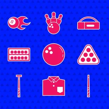 Set Bowling ball, shirt, Billiard cue, balls rack triangle, on stand, Case for Illustrazione stock