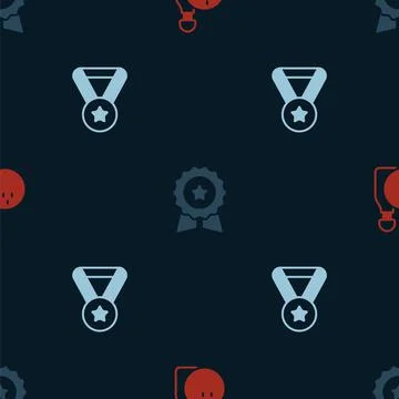Set Bowling pin and ball, Medal with star and on seamless pattern. Vector Illustrazione stock