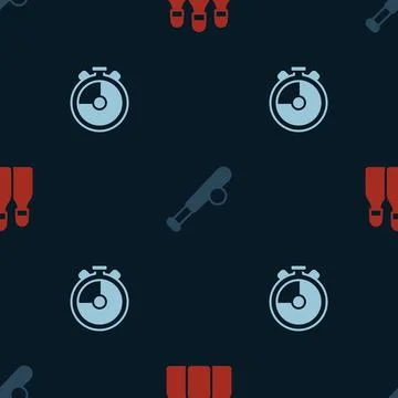Set Bowling pin, Baseball bat with ball and Stopwatch on seamless pattern Illustrazione stock