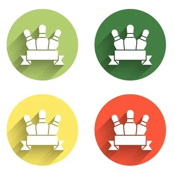 Set Bowling pin icon isolated with long shadow background. Color circle but.. Stock Illustration