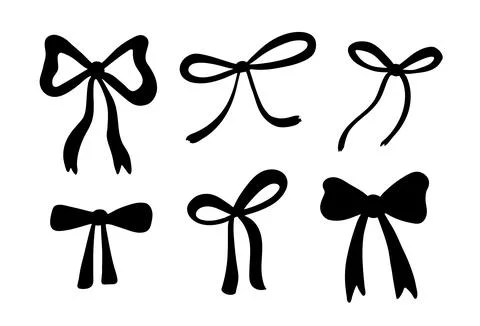 Set of bows in different styles. Black silhouette of a bow. Design of festive Stock Illustration