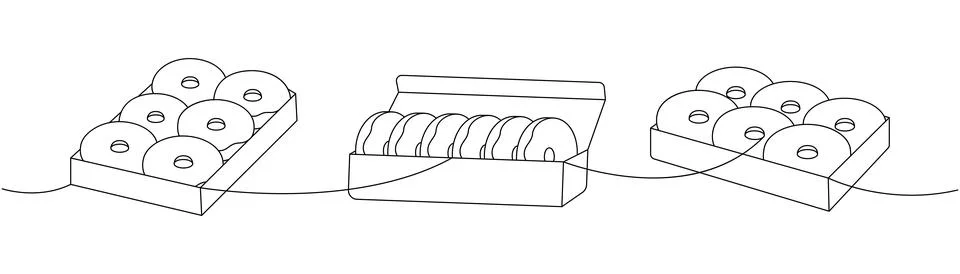 Set of box donuts one line continuous drawing. Bakery sweet pastry food. Vector Stock-Illustration