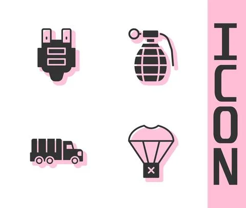 Set Box flying on parachute, Bulletproof vest, Military truck and Hand grenade Stock Illustration