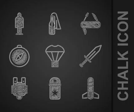 Set Box flying on parachute, Chevron, Rocket, Sword, Bulletproof vest, Compass Stock Illustration