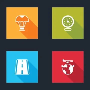 Set Box flying on parachute, Clock, Airport runway and Globe with plane icon Illustrazione stock