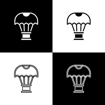Set Box flying on parachute icon isolated on black and white background. Parcel Illustrazione stock