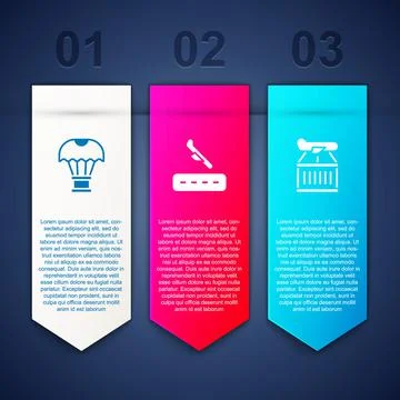 Set Box flying on parachute, Plane landing and . Business infographic template 스톡 일러스트