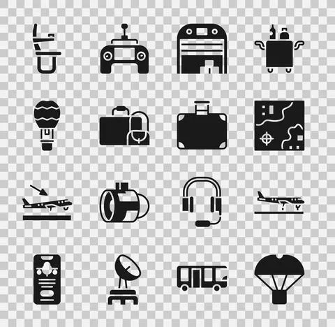 Set Box flying on parachute, Plane, World travel map, Aircraft hangar, Suitcase イラスト素材