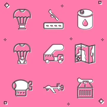 Set Box flying on parachute, Plane landing, Barrel oil, Parachute, Passenger イラスト素材