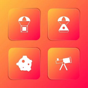 Set Box flying on parachute, Space capsule, Asteroid and Telescope icon. Vector 스톡 일러스트