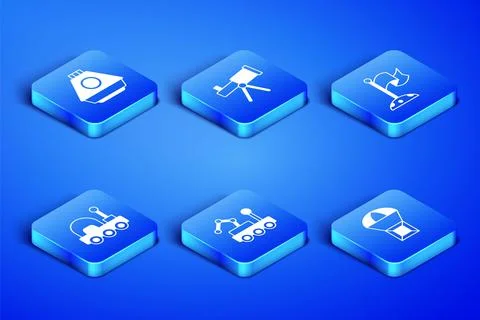 Set Box flying on parachute, Space capsule, Mars rover, Telescope and Moon wi Stock Illustration