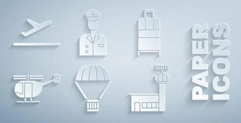 Set Box flying on parachute, Suitcase, Helicopter, Airport control tower, Pilot Stockillustratie