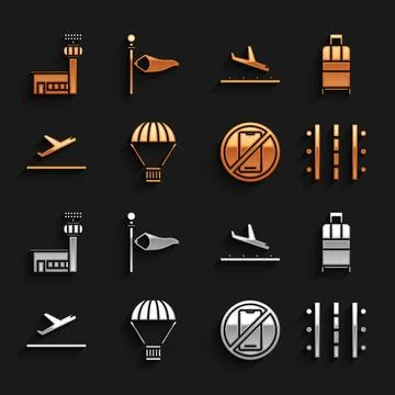 Set Box flying on parachute, Suitcase, Airport runway, No cell phone, Plane.. Illustrazione stock