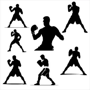 Set of Boxer Silhouettes in Fighting Action and Training Poses Stock Illustration