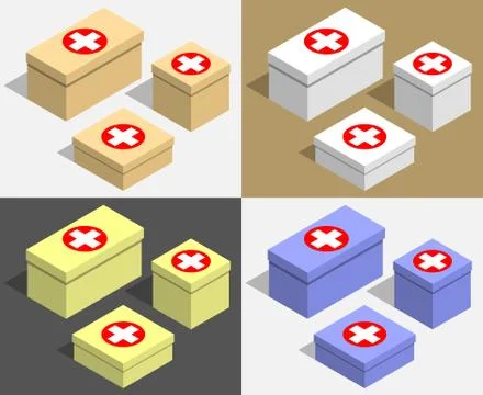 Set of boxes of different sizes with medecine symbols. Multicolored cardboard Stock Illustration